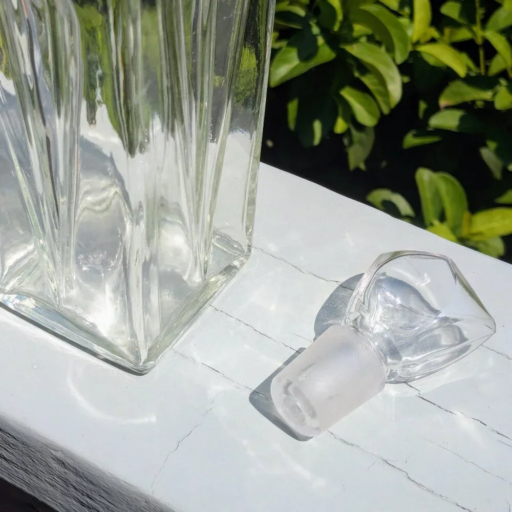 Vintage Glass Decanter with Stopper - Unique Faceted Design & Hollow Stopper